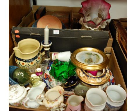 Two boxes of miscellaneous items to include cranberry glass lamp shade, handkerchief glass vase and painted porcelain plaque 