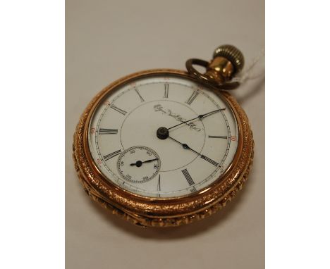 An Elgin yellow metal cased gents open faced pocket watch, the inner back cover stamped 14k, having signed white enamel dial,