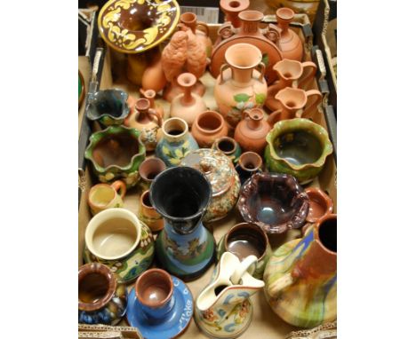 A box of assorted Torquay pottery wares to include; Watcombe pottery moonflask decorated with flowers, a slip glazed jack-in-