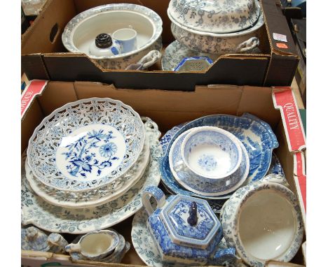 Two boxes of miscellaneous Victorian and later china to include; blue and white transfer decorated loving cup, large tureen a