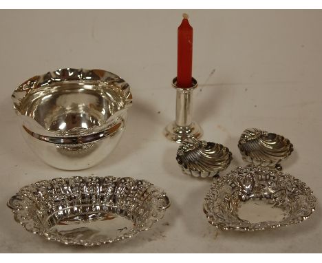 A pair of early 20th century silver shell shaped salts, circa 1900 pierced silver bonbon dish, dwarf silver candlestick etc