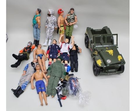 TWELVE VARIOUS ACTION MAN FIGURES various clothing, accessories and a plastic Willys Jeep 