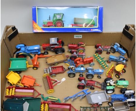 A LARGE COLLECTION OF DIE-CAST FARM TRACTORS AND EQUIPMENT including, Corgi set 60030 David Brown tractor and tipping trailer