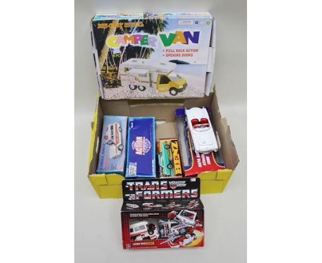 A BOX OF COLLECTORS MODELS including; tin-plate ambulance ovb, Racing Action Platinum Series Collector's Butch Miller race tr