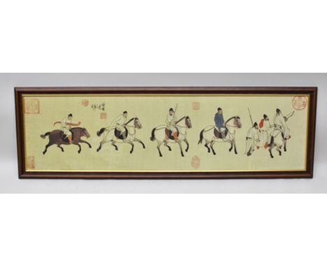 A CHINESE SCROLL, printed with horsemen of the Eurasian Steppe (five horsemen and two figures on foot), surrounded by various