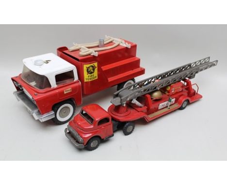 AN MFD ARTICULATED TIN-PLATE FIRE TENDER with extending ladder, five firemen, friction driven motor, together with a TRIANG T