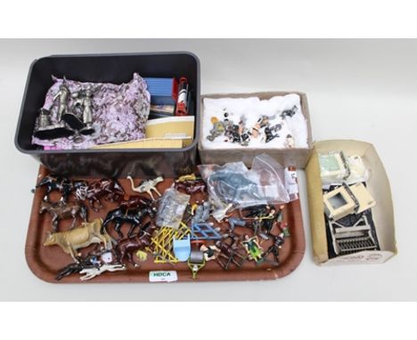 A COLLECTION OF BRITAIN'S AND OTHER PAINTED LEAD FIGURES AND ACCESSORIES, including farm horses, farm animals, farm workers, 