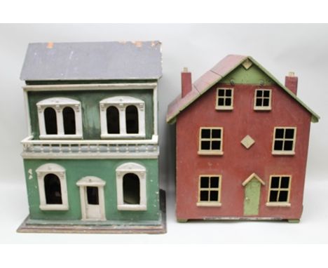 A CIRCA 1930's/1940's SCRATCH BUILT DOLLS HOUSE, painted green with white balcony and architectural features including chimne