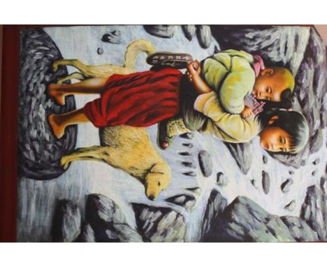 AN ORIENTAL SCROLL PAINTING depicting children and a dog standing on a boulder, 85cm x 58cm 