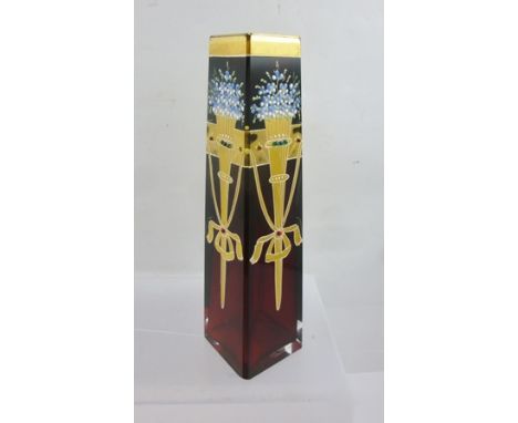 A BOHEMIAN ART NOUVEAU CASED RUBY GLASS VASE of tapering squared form, classically gilded and floral enamelled, "jewel" set b