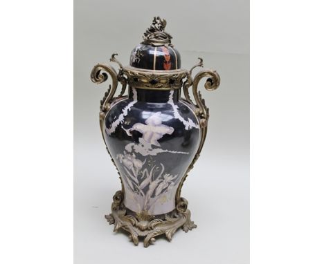 A LATE 20TH CENTURY BALUSTER CERAMIC VASE, decorated with Kingfishers and Irises fitted brass mounts, 65cm high 