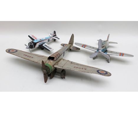 A COLLECTION OF THREE TIN-PLATE AEROPLANES, one friction driver single prop Cessna Patrol N453C, one clockwork driven Tippco 