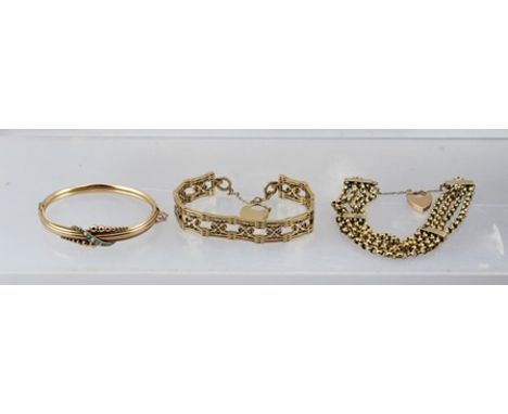 A 9CT GOLD BANGLE SET WITH TURQUOISE AND SEED PEARLS, together with a 9ct gold chain link BRACELET with 9ct gold padlock clas