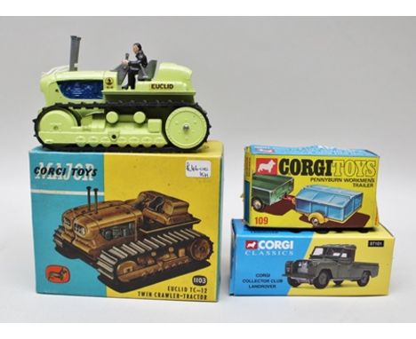 CORGI MAJOR TOYS no.1103 Euclid TC-12 twin trawler tractor ovb, Corgi Toys Pennyburn workman's trailer no.109 ovb and a Corgi