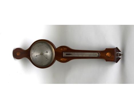 A 19TH CENTURY MAHOGANY FRAMED WHEEL BAROMETER WITH THERMOMETER, the case with architectural pediment, shell patera inlay, th