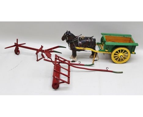 AN EARLY WROUGHT METAL HORSE DRAWN AGRICULTURAL SET including; single furrow plough, roller, 2-wheel cart and ceramic shire h