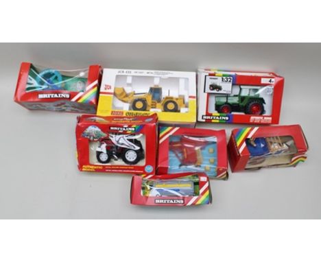 BRITAINS AUTHENTIC MODEL FARM VEHICLES including; Massey Ferguson SF6180 tractor, Fendt 615 tractor, hay baler, hose drum irr
