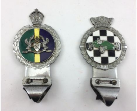 J.R. GAUNT COOPER 500cc RACING CAR VINTAGE BADGE in white metal with enamel decoration and a GHANA ARMY CAR BADGE - white met
