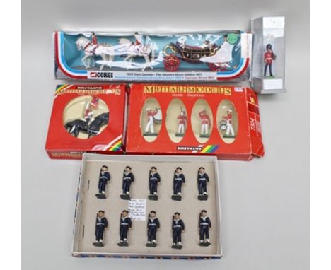 A SET OF TEN ROYAL NAVY BLUE JACKET STANDING SOLDIERS with rifles in re-made box, together with Britains Metal Models hand-pa