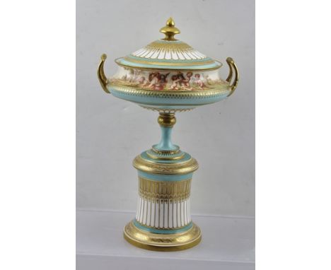 A LATE 19TH CENTURY FRENCH PORCELAIN URN BOWL, by Jean-Marie Gille, the shallow urn, with cover (bears makers seal mark benea