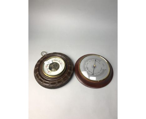 OAK CASED CIRCULAR WALL BAROMETER, along with a modern barometer and three mantel clocks (5)