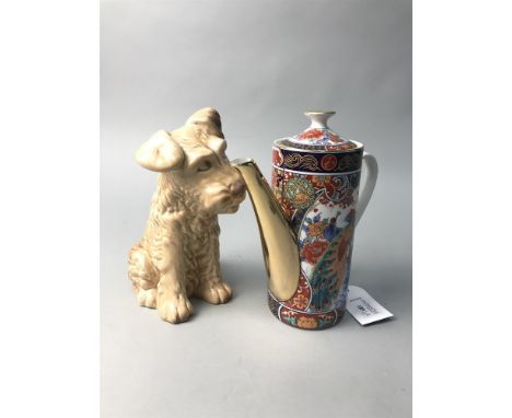 TWO SYLVAC DOGS, along with a modern Japanese coffee service, a comport and a pair of green ceramic vases on stands