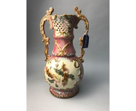 ZSOLNAY STYLE DOUBLE HANDLED CERAMIC VASE, along with a collection of ceramics including a Maling ware jug, a ceramic ewer wi