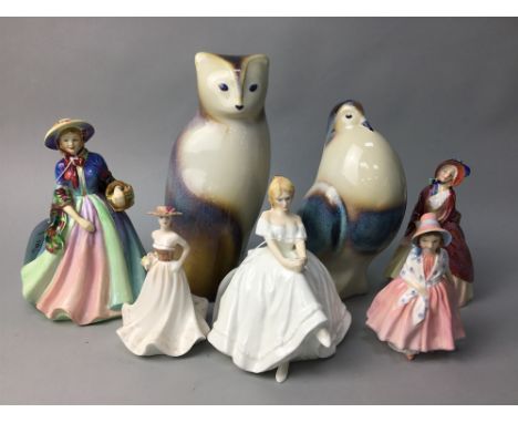LOT OF FIVE CERAMIC LADIES, including Doulton, with two Goebel animals