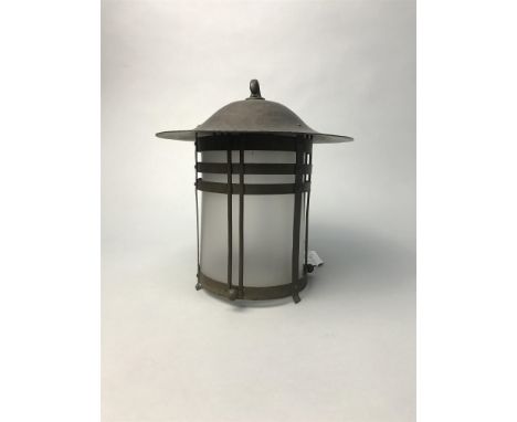 ARTS & CRAFTS LIGHT FITTING AND PAIR OF SCONCES, the light fitting of lantern form and with beaten detail; the sconces with f