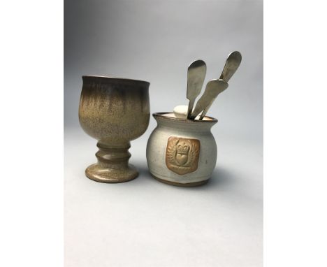 SET OF SIX DENBY GOBLETS, along with a blue and white ceramic chicken tureen, a stoneware preserve jar, a silver spoon and tw