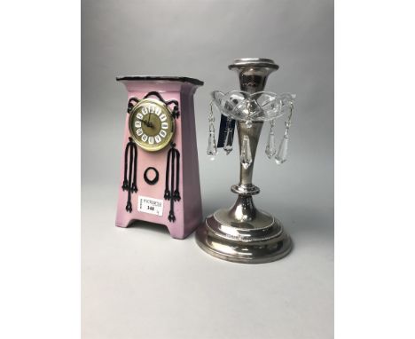 COPPER KETTLE, along with a pink ceramic clock, green floral vase and a silver-plated candlestick
