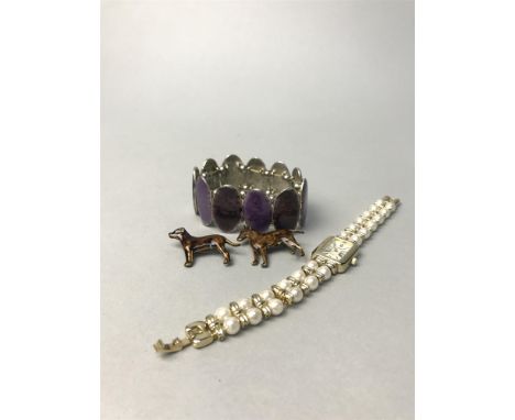 TWO SILVER AND ENAMEL KENART DOG BROOCHES, along with a collection of costume jewellery including beeds, silver and gem set e