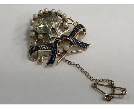 LADY'S PEARL SET GOLF CAPTAIN BROOCH, with two tree motifs surrounded by a halo of pearls, with blue enamel banner reading 'R