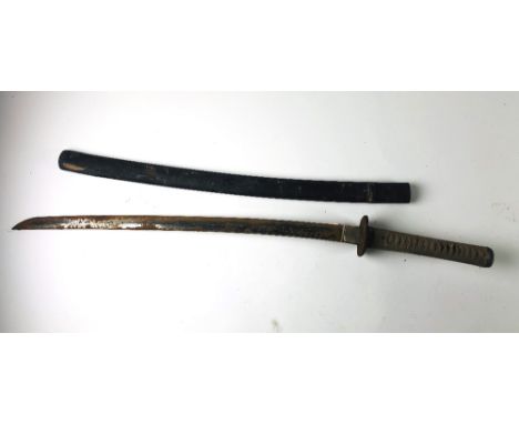 A Japanese Katana Sword, 25 1/2" blade (some rusting) plain metal tsuba, handle with brass mounts, animal skin handle under s