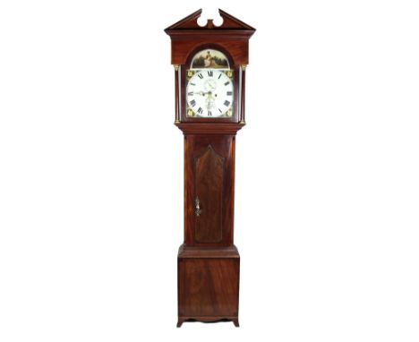 A 19th Century mahogany framed and inlaid Grandfather Clock, the break neck pediment with brass finial over an arched painted