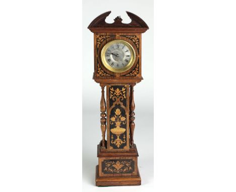 A very attractive Edwardian miniature rosewood and marquetry Longcase Clock, with divided pediment and circular silverised di