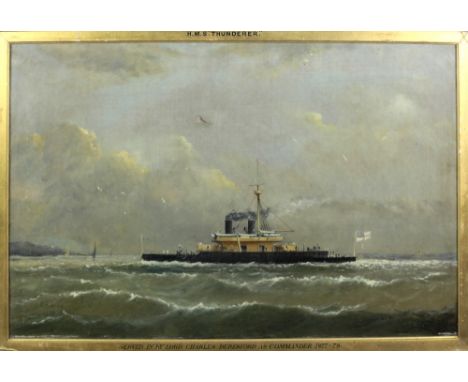 Henry Robins, British (1820 - 1892)"H.M.S. Thunderer," O.O.C., depicting a Devastation class ironclad turret ship on rough se