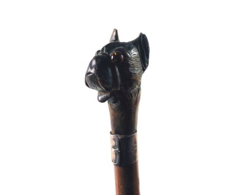 A Victorian period Novelty carved wooden Walking Stick, with automated pug dog head and silver mounted collar. (1)