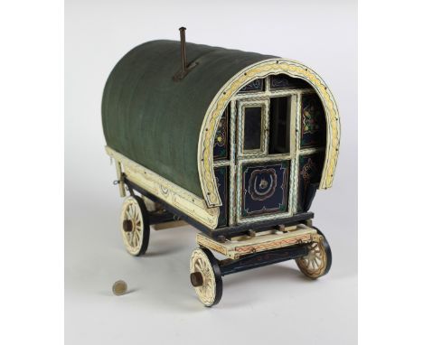 An attractive Model of a Gypsy Caravan, by K. Frearson of Kencraft Handicrafts, 1975 Yorkshire, with fitted interior and pain