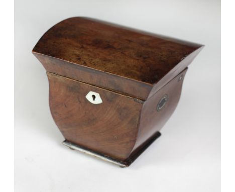 A Regency period mahogany miniature Apprentice bombe shaped dome top Tea Caddy, with ivory escutcheon on brass ball feet, app