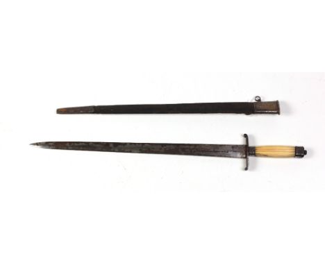 A Georgian period steel short Sword, by Prosser of London, with shaped ivory handle and original steel mounted leather scabba