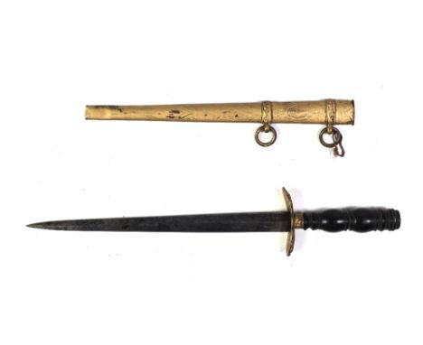 An early 19th Century Scottish Dirk, with shaped engraved blade, ormolu guard and stained wooden handle, in painted scabbard,