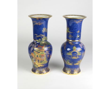 A pair of attractive blue ground Carltonware Vases, decorated in the Chinese taste with gilt highlights, each approx. 28cms (