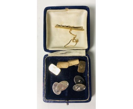 A pair of 9ct gold Cufflinks, a pair of silver Cufflinks and a gold Tie Pin. (3)