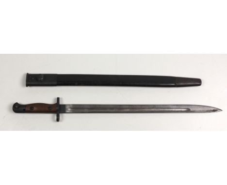 A Swedish ? Remington Rolling Block Rifle Bayonet, 22 3/4" blades, and original leather scabbard; a French Epee type Bayonet 