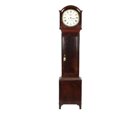 A 19th Century Irish mahogany framed Grandfather Clock, by William Clarke, Dublin, the circular painted dial in Roman numeral