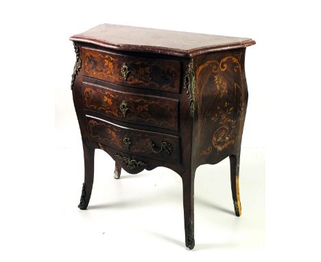 An attractive 19th Century French style bombé shaped and marquetry three drawer Commode, of small proportions, with floral in
