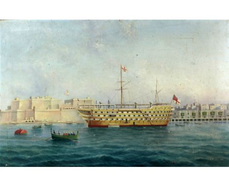G.D. Esposito, Maltese School, 19th Century"H.M.S. Hibernia," O.O.C., depicting a ship of the line docked in Valletta Harbour
