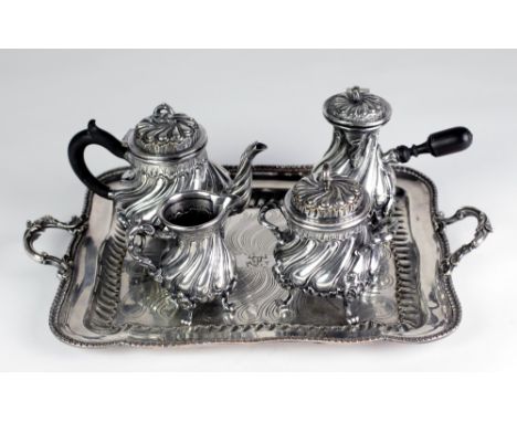 An impressive Continental silver plated 5 piece Tea &amp; Coffee Service, comprising pot belly spiral reeded teapot on four r