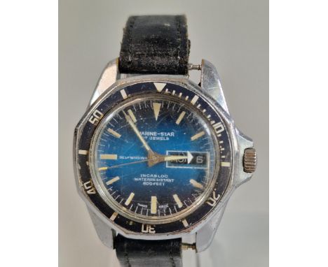 Marine - Star 'Self winding' diver's style wristwatch with blue face, having Baton numerals, sweep second hand and day date a